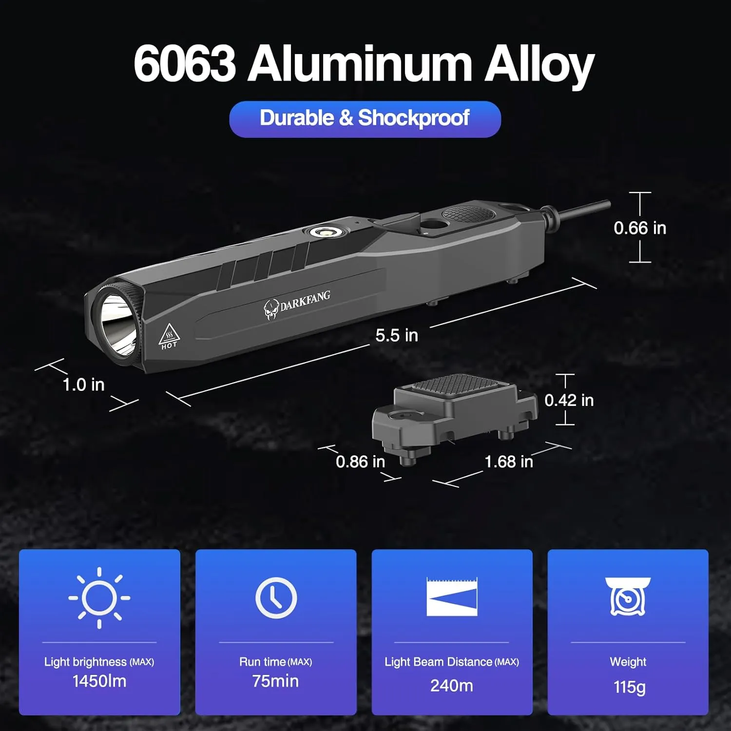 DARKFANG Brightness Adjustable Mlok Weapon Light for Rifle, 1450 Lumen Tactical Flashlight with Removeable Pressure Switch