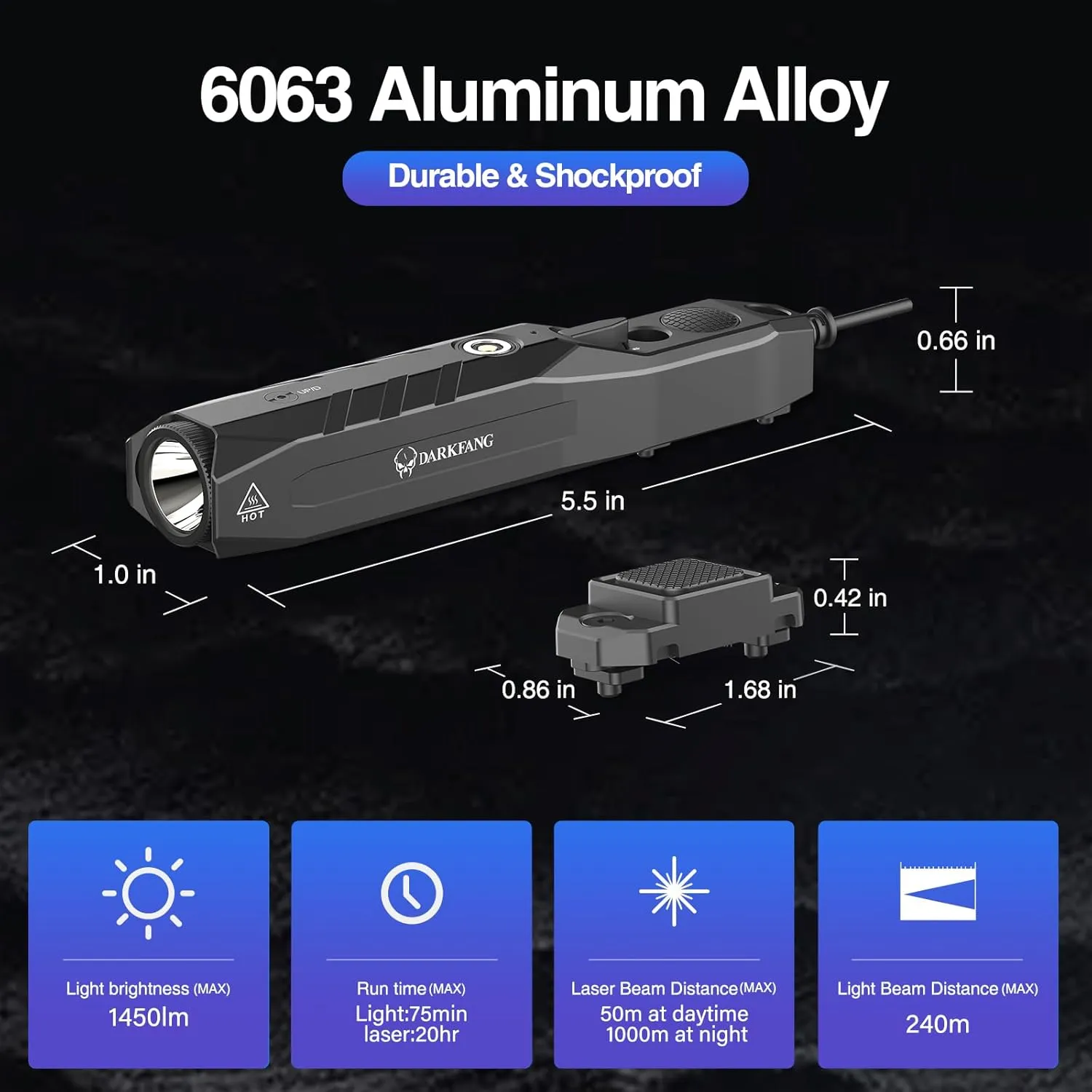 DARKFANG Tactical Flashlight and Red Laser Combo for Rifle, 1450 Lumen Weapon Light with Removeable Pressure Switch for Mlok Rail