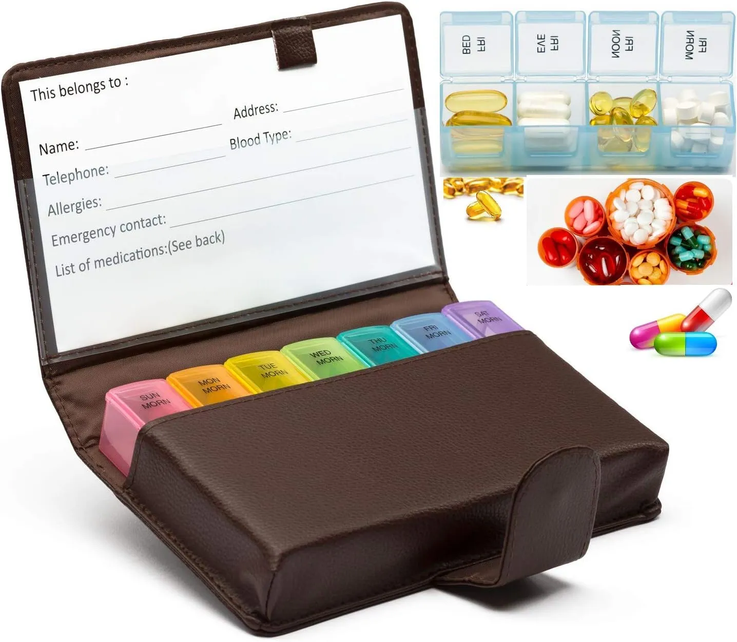 Deeper and Larger Compartments Daily Pill Organizer AM PM Medicine Pill Box 7-Day Weekly Holder Zzteck PU Leather Trave Case Day Night Large Medication Reminder Dispenser Vitamin Holder Container (BN)