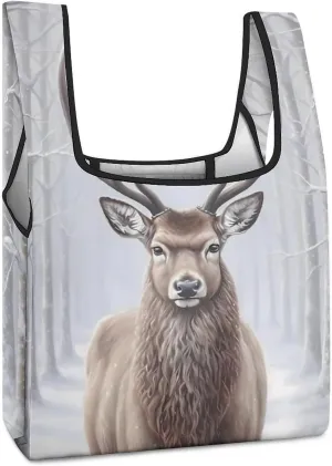 Deer In The Snowday Novelty Reusable Grocery Bag Fold-able Shopping Bags Washable Tote Lightweight Storage Pouch with Handle