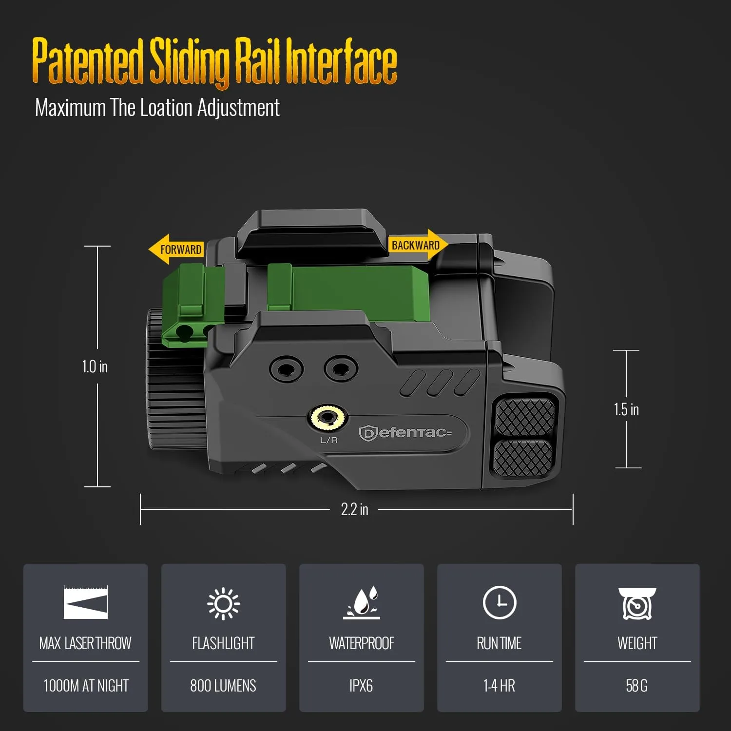 Defentac 800lm Slidable Pistol Light and Red/Green/Blue Laser Sight Combo, Strobe and Momentary Beams for Guns, Magnetic Rechargeable