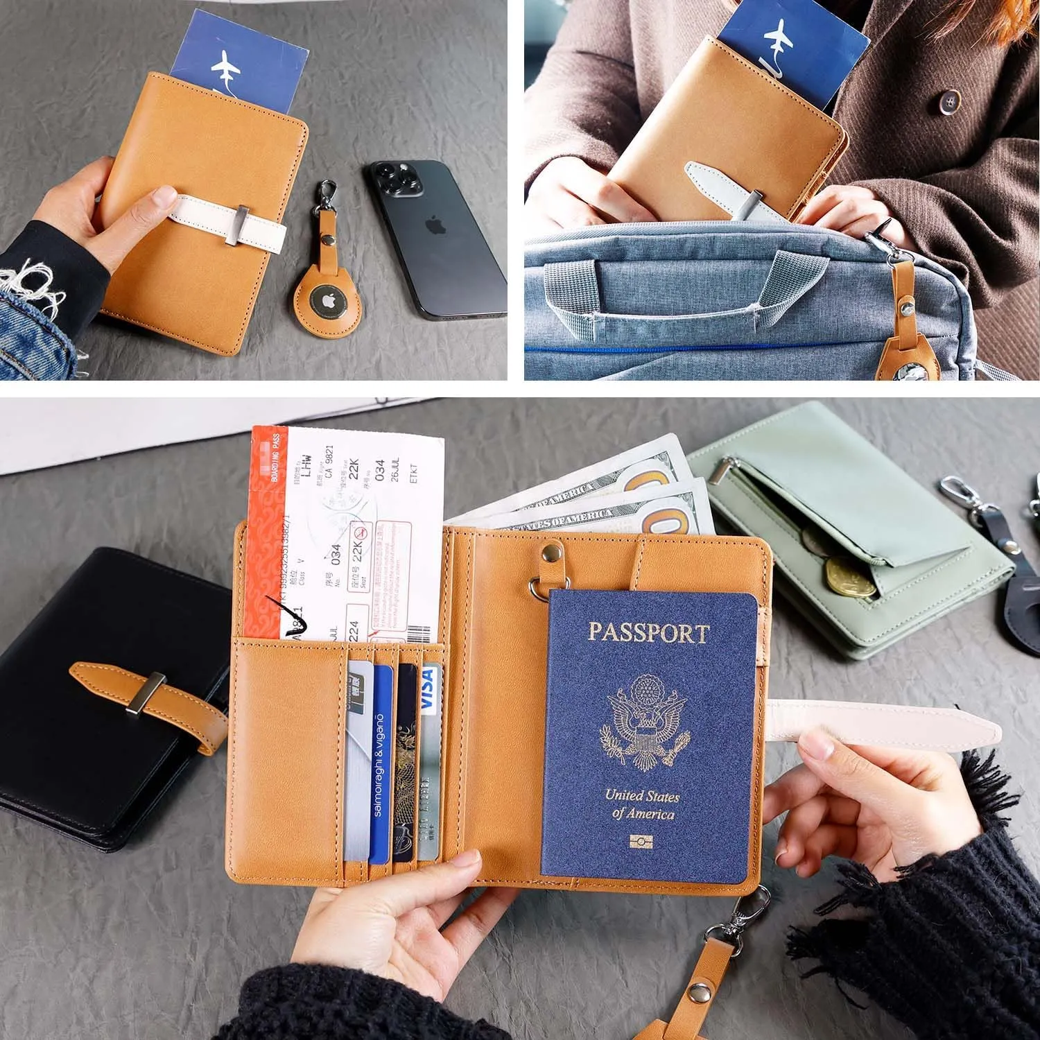 Deziliao Passport wallets, Mulit-purpose RFID Blocking Passport Holder AirTag Wallet, Travel Wallet Cover Case（Brown）