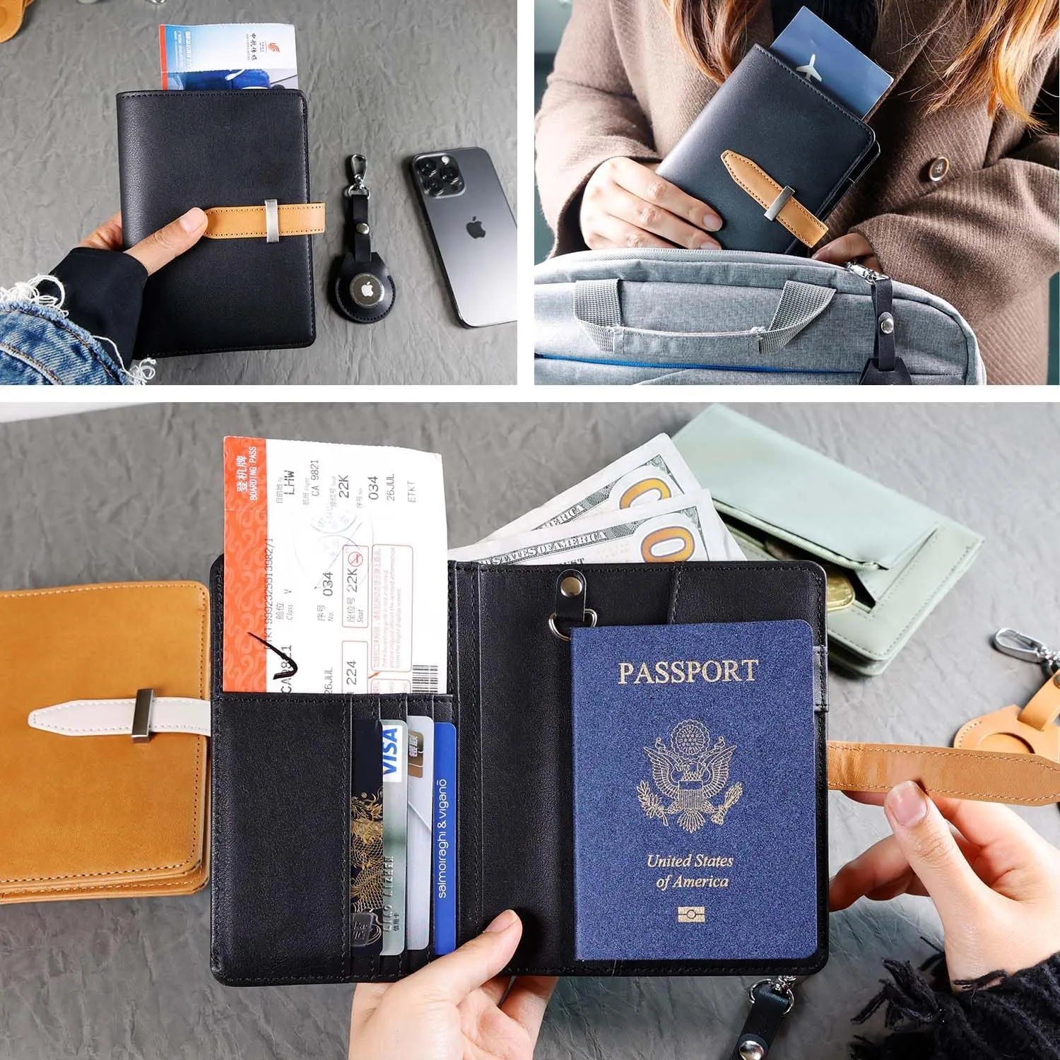 Deziliao Passport wallets, Mulit-purpose RFID Blocking Passport Holder AirTag Wallet, Travel Wallet（Black）