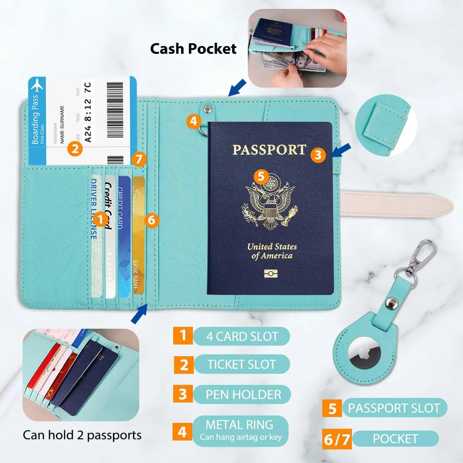 Deziliao Passport wallets, Mulit-purpose RFID Blocking Passport Holder AirTag Wallet, Travel Wallet（Blue-white）