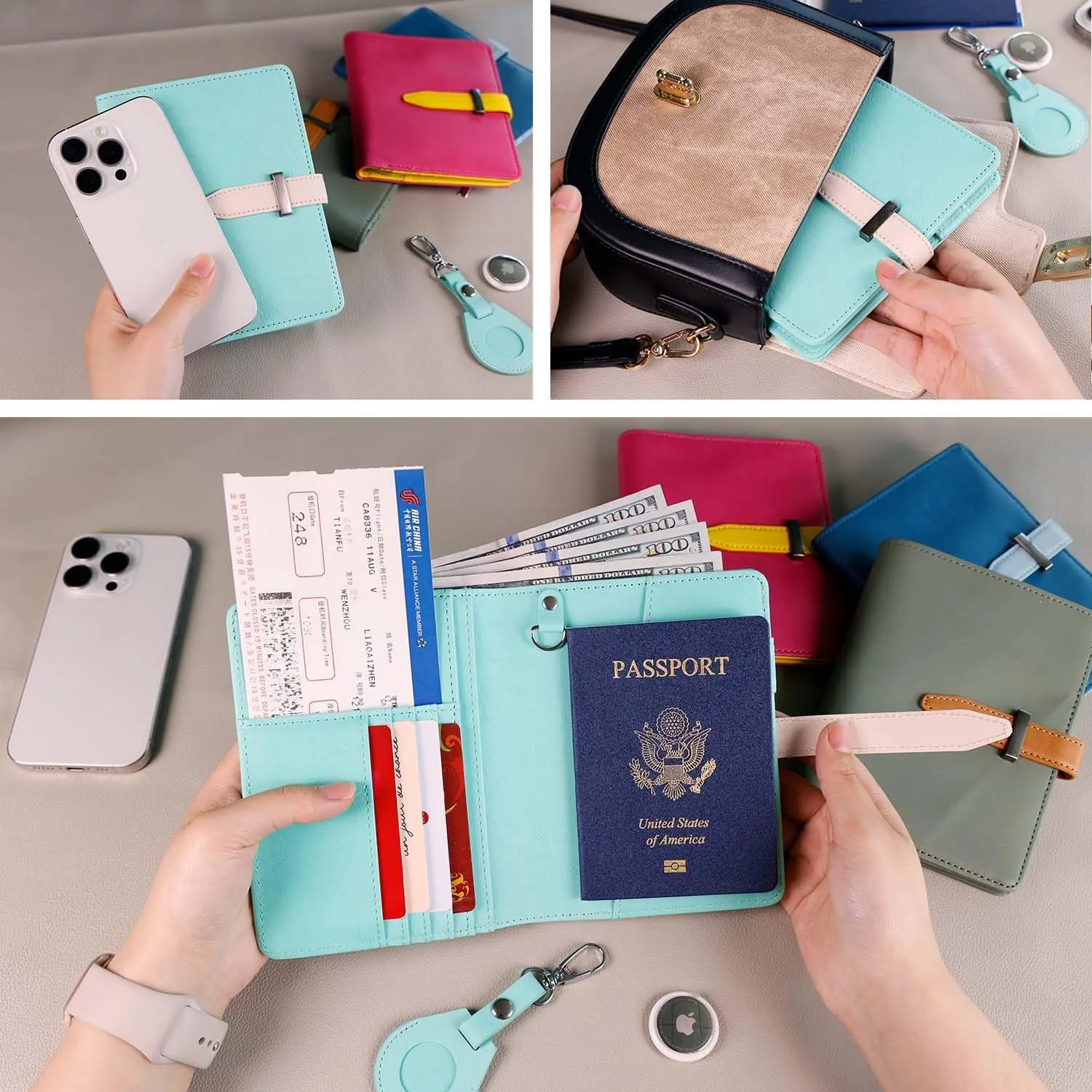 Deziliao Passport wallets, Mulit-purpose RFID Blocking Passport Holder AirTag Wallet, Travel Wallet（Blue-white）