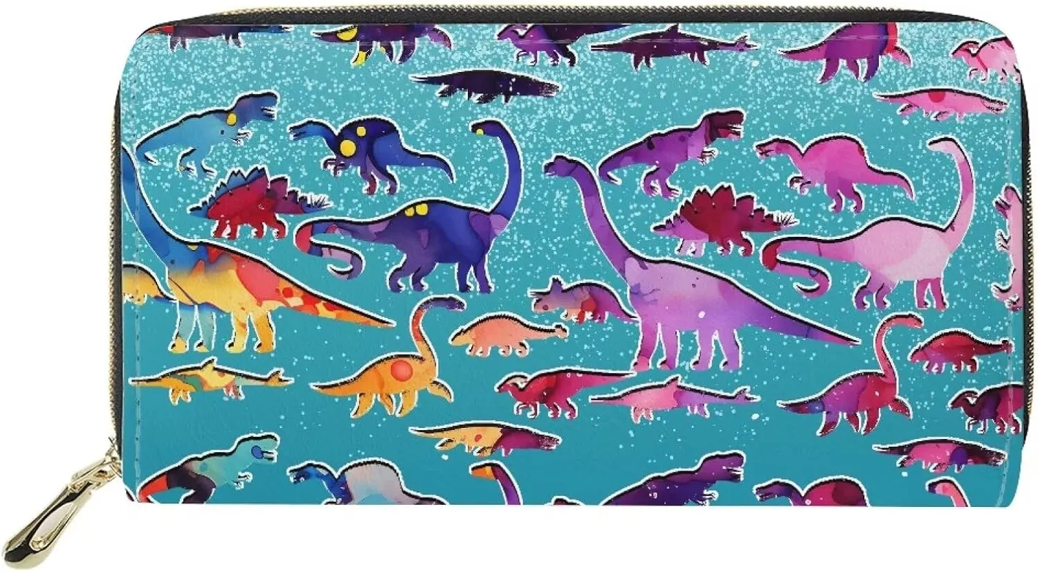 Dinosaur Women's Wallet, Pu Leather Soft Zipper Around Card Holder Phone Case Long Purse Handbag Clutch Bag, Blue and Purple
