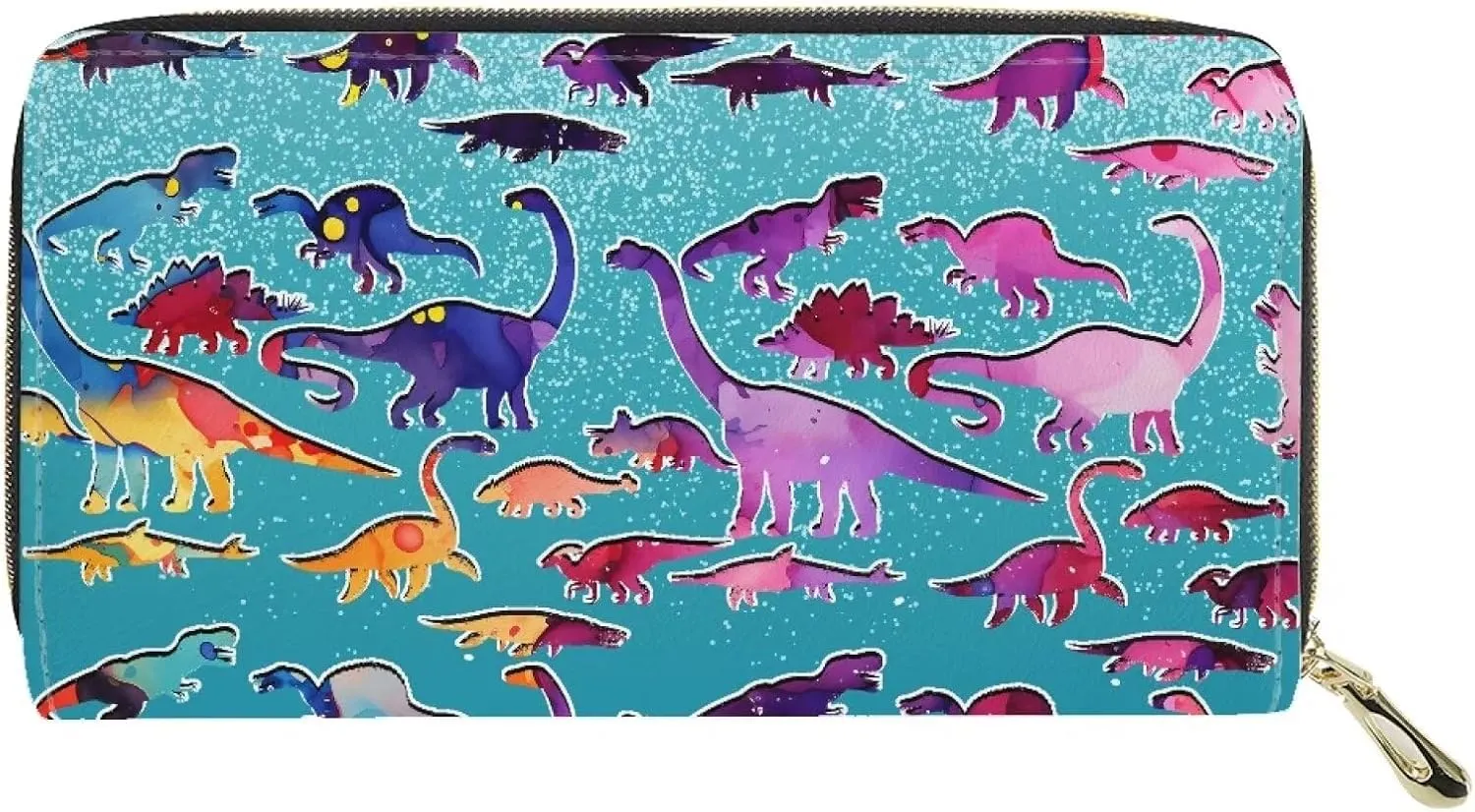 Dinosaur Women's Wallet, Pu Leather Soft Zipper Around Card Holder Phone Case Long Purse Handbag Clutch Bag, Blue and Purple
