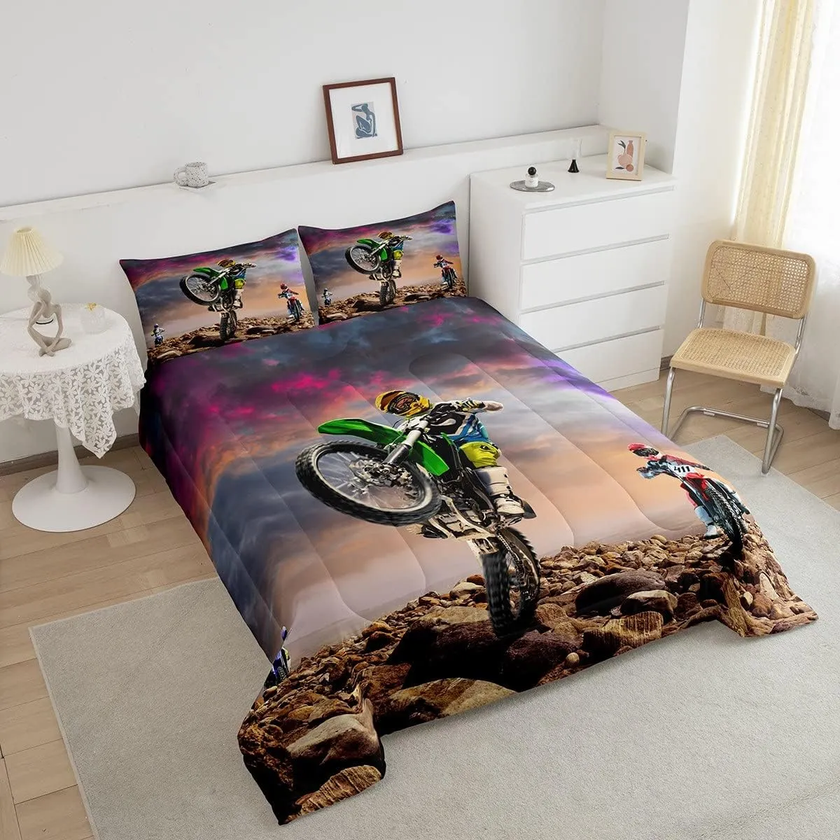 Dirt Bike Comforter Set for Boys Bedroom Motocross Rider Extreme Sports Duvet Insert Mountain Bike Bedding Quilted Set Kids Motorcycle Motorbike Down Comforter,Soft Lightweight for All Season,Full