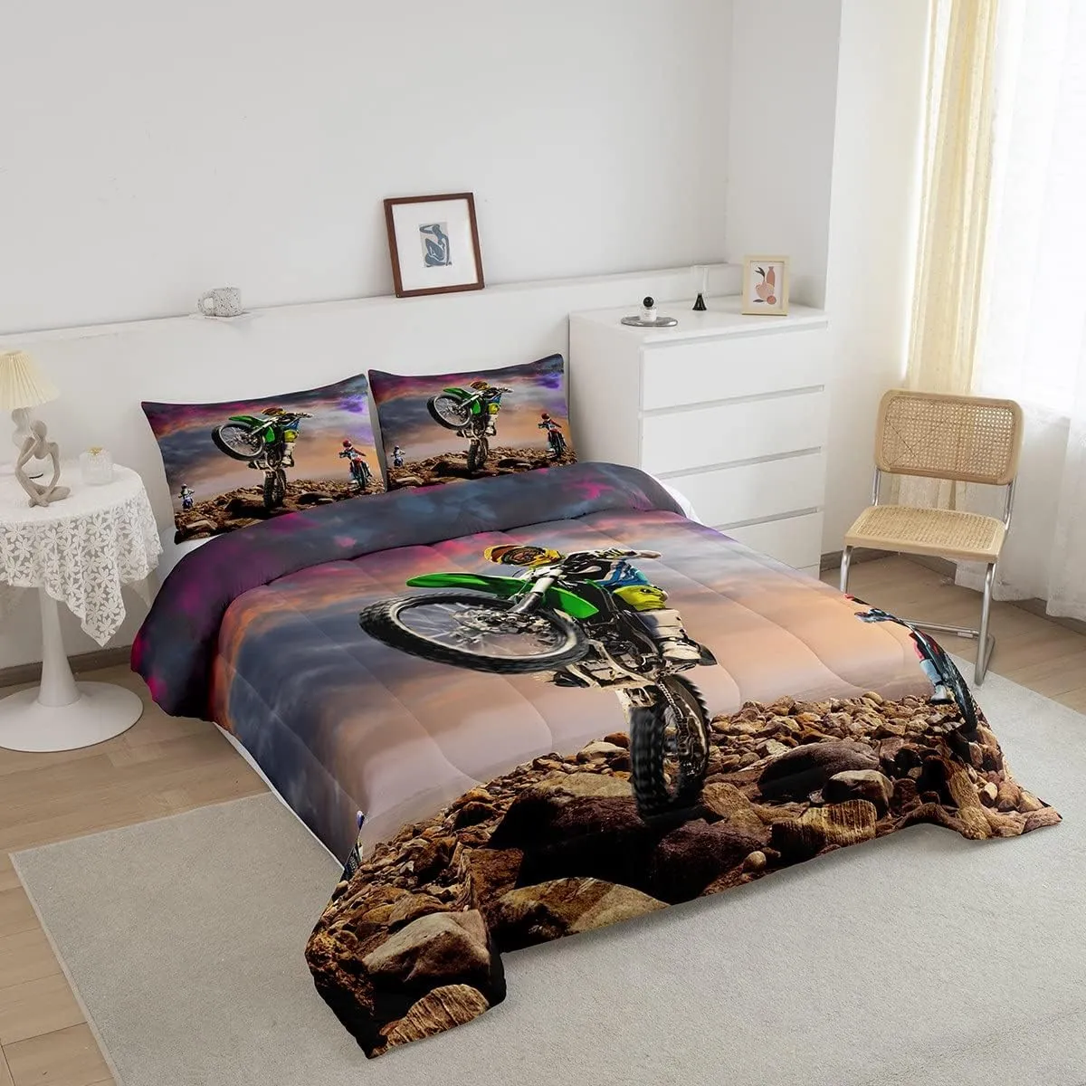 Dirt Bike Comforter Set for Boys Bedroom Motocross Rider Extreme Sports Duvet Insert Mountain Bike Bedding Quilted Set Kids Motorcycle Motorbike Down Comforter,Soft Lightweight for All Season,Full