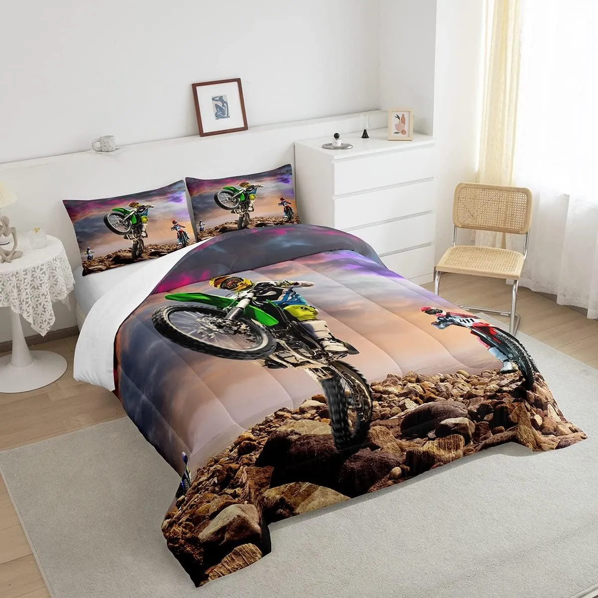 Dirt Bike Comforter Set for Boys Bedroom Motocross Rider Extreme Sports Duvet Insert Mountain Bike Bedding Quilted Set Kids Motorcycle Motorbike Down Comforter,Soft Lightweight for All Season,Full