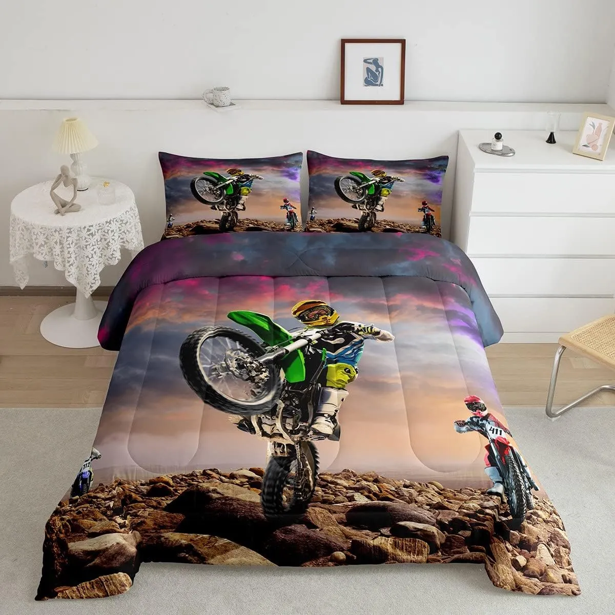 Dirt Bike Comforter Set for Boys Bedroom Motocross Rider Extreme Sports Duvet Insert Mountain Bike Bedding Quilted Set Kids Motorcycle Motorbike Down Comforter,Soft Lightweight for All Season,Full