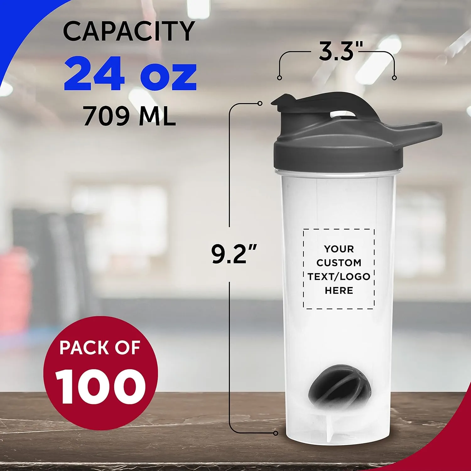 DISCOUNT PROMOS Custom Plastic Shaker Bottles with Mixer 24 oz. Set of 100, Personalized Bulk Pack - Perfect for Protein Shake, Smoothie and More! - Black