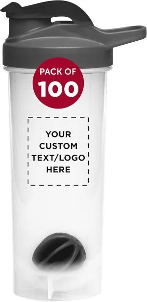 DISCOUNT PROMOS Custom Plastic Shaker Bottles with Mixer 24 oz. Set of 100, Personalized Bulk Pack - Perfect for Protein Shake, Smoothie and More! - Black