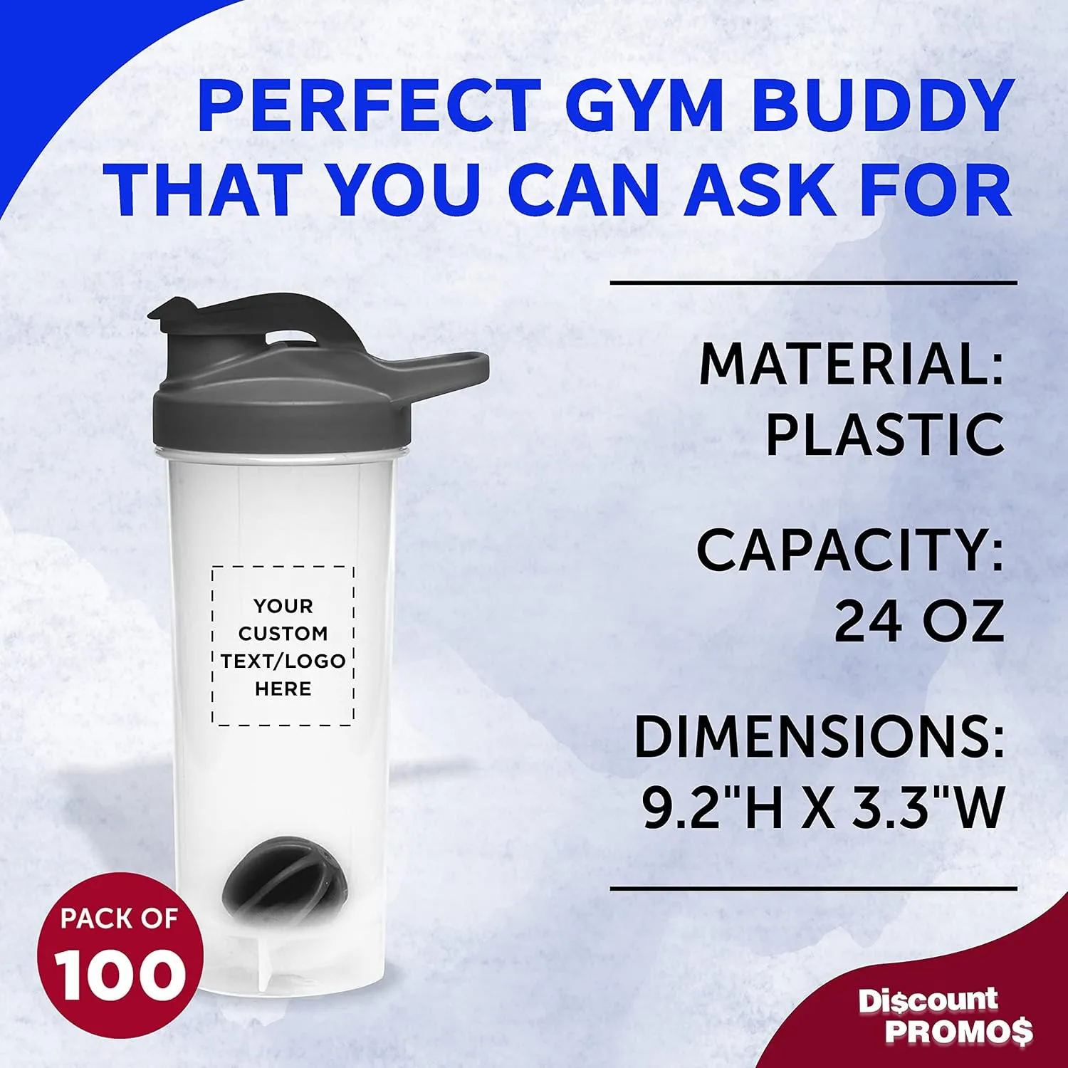 DISCOUNT PROMOS Custom Plastic Shaker Bottles with Mixer 24 oz. Set of 100, Personalized Bulk Pack - Perfect for Protein Shake, Smoothie and More! - Black