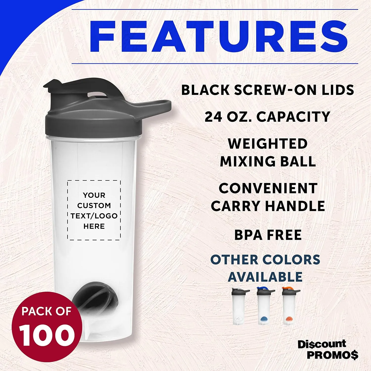 DISCOUNT PROMOS Custom Plastic Shaker Bottles with Mixer 24 oz. Set of 100, Personalized Bulk Pack - Perfect for Protein Shake, Smoothie and More! - Black