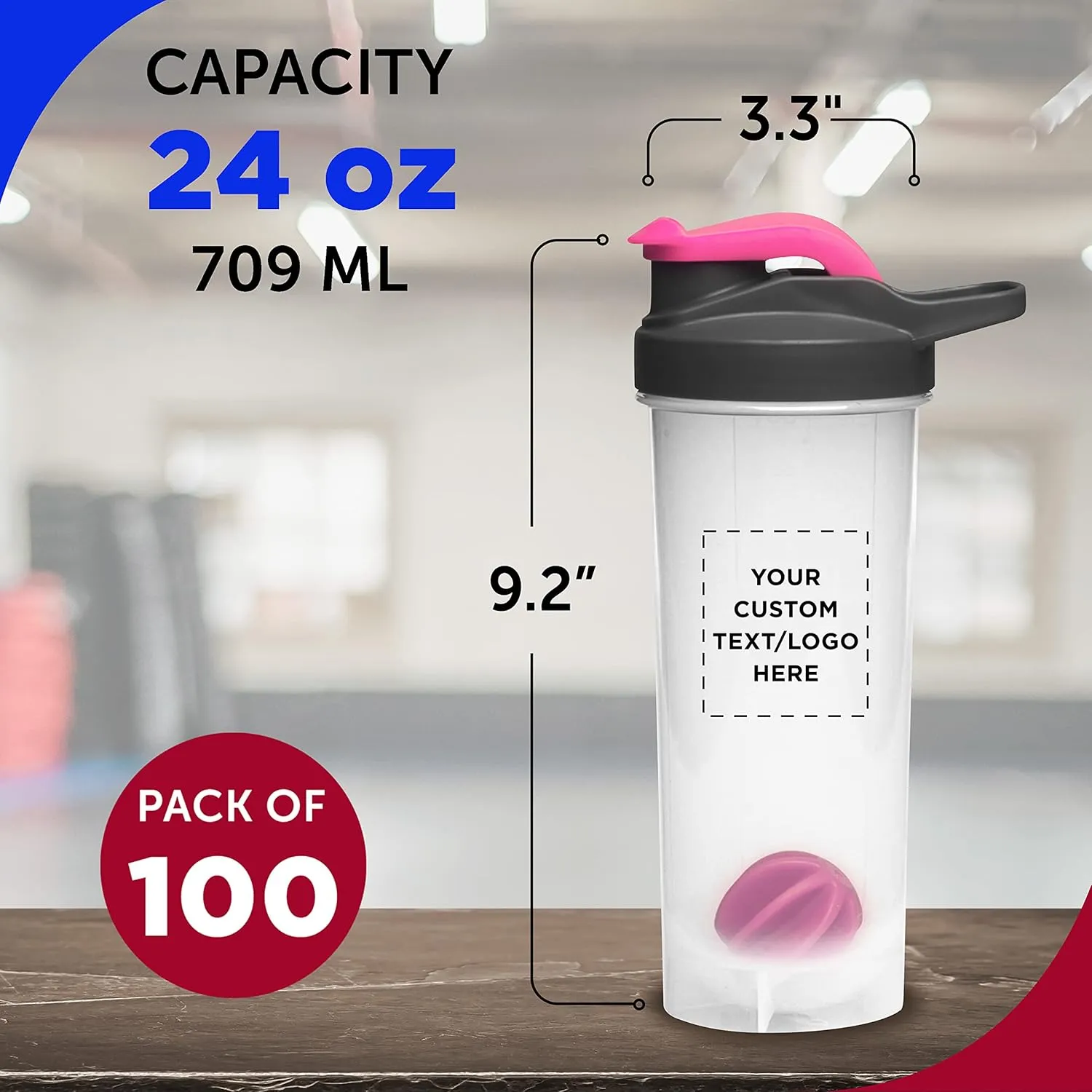 DISCOUNT PROMOS Custom Plastic Shaker Bottles with Mixer 24 oz. Set of 100, Personalized Bulk Pack - Perfect for Protein Shake, Smoothie and More! - Bright Pink