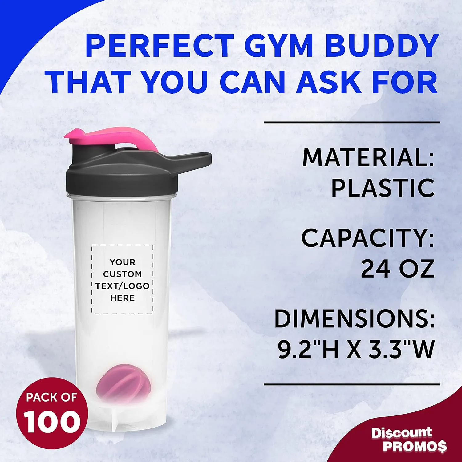 DISCOUNT PROMOS Custom Plastic Shaker Bottles with Mixer 24 oz. Set of 100, Personalized Bulk Pack - Perfect for Protein Shake, Smoothie and More! - Bright Pink
