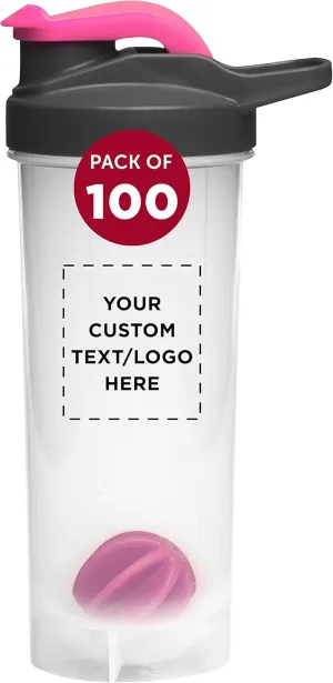 DISCOUNT PROMOS Custom Plastic Shaker Bottles with Mixer 24 oz. Set of 100, Personalized Bulk Pack - Perfect for Protein Shake, Smoothie and More! - Bright Pink