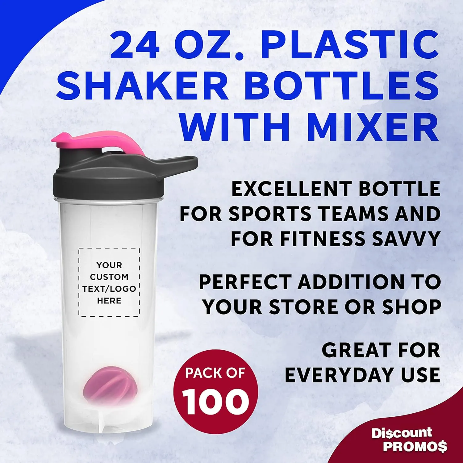 DISCOUNT PROMOS Custom Plastic Shaker Bottles with Mixer 24 oz. Set of 100, Personalized Bulk Pack - Perfect for Protein Shake, Smoothie and More! - Bright Pink