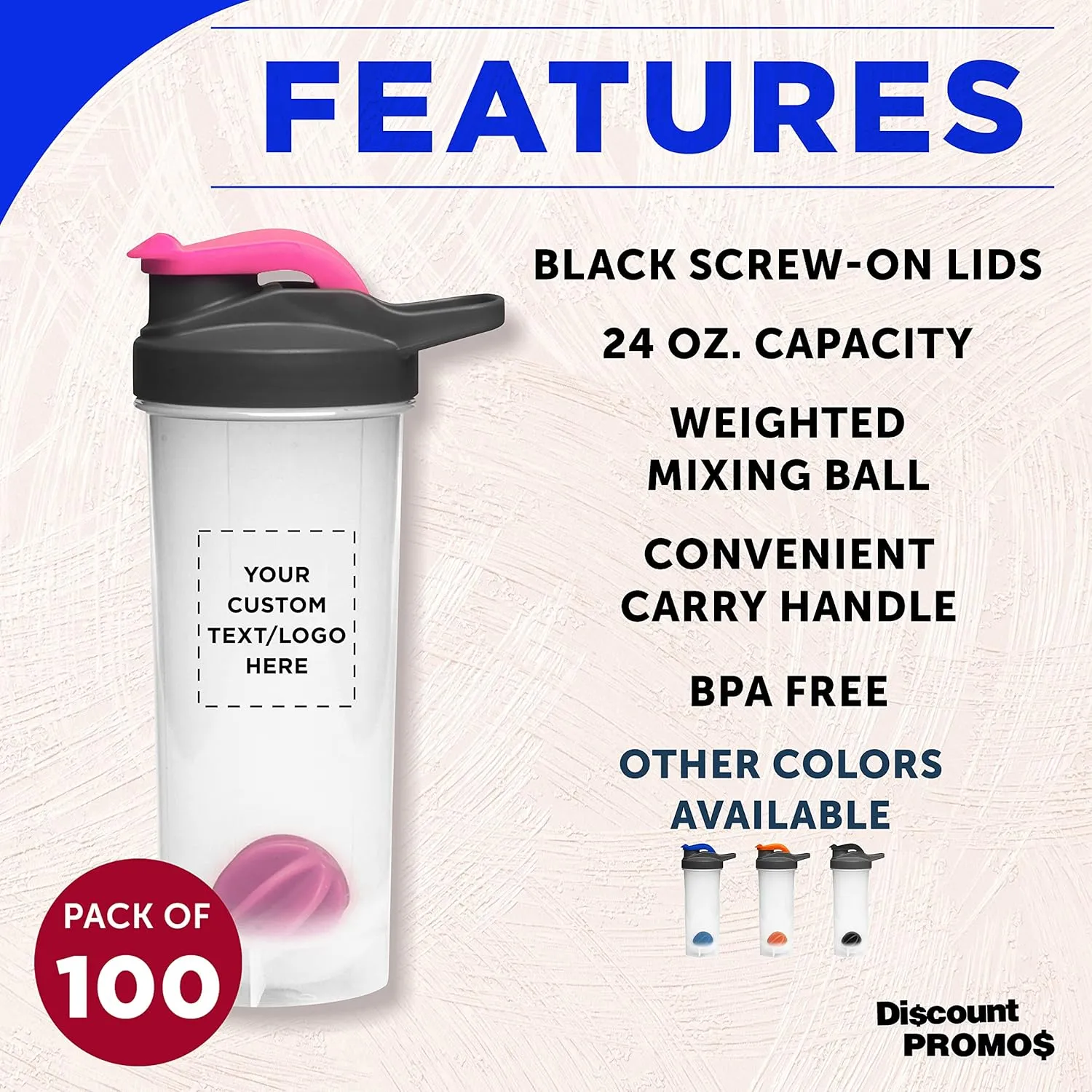 DISCOUNT PROMOS Custom Plastic Shaker Bottles with Mixer 24 oz. Set of 100, Personalized Bulk Pack - Perfect for Protein Shake, Smoothie and More! - Bright Pink