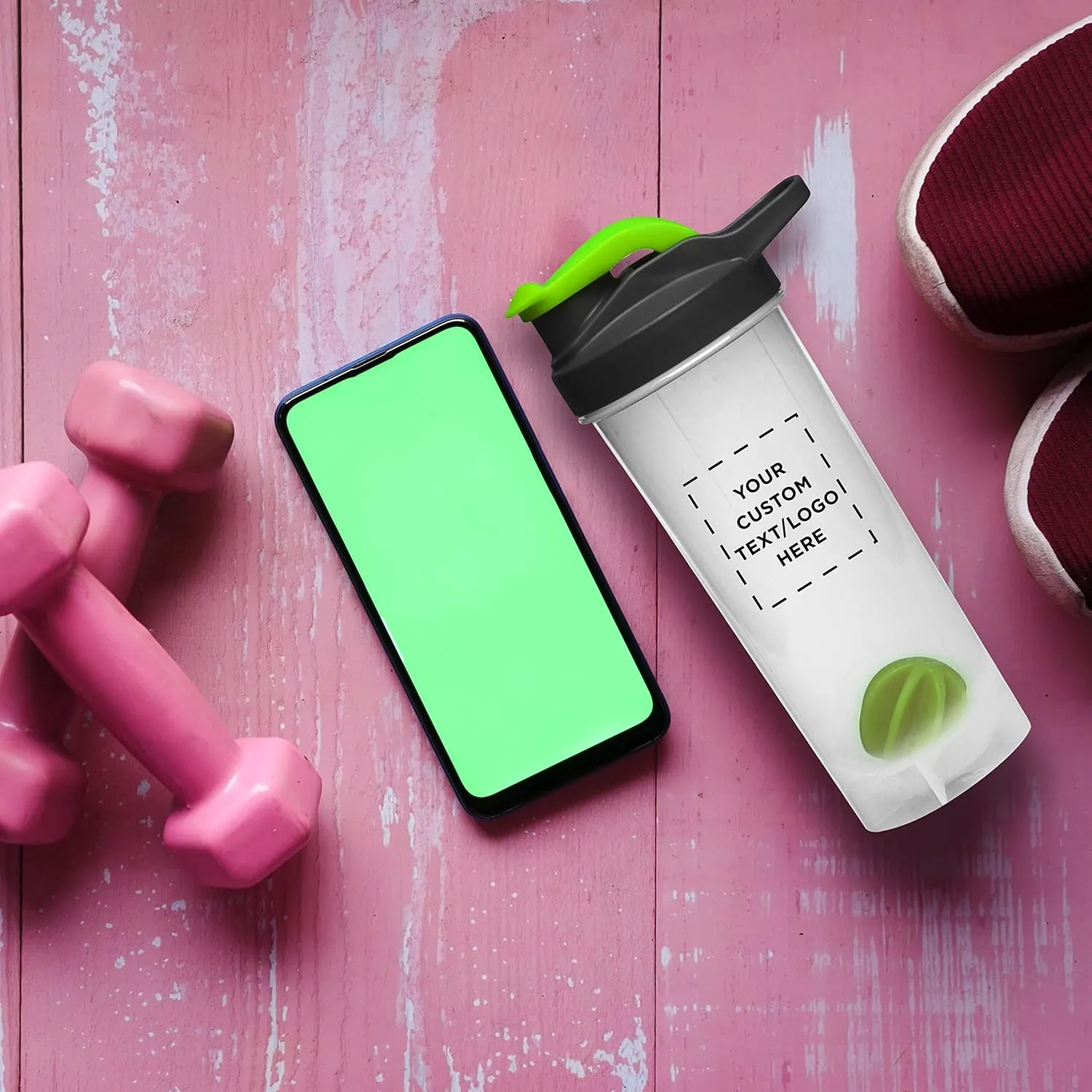 DISCOUNT PROMOS Custom Plastic Shaker Bottles with Mixer 24 oz. Set of 100, Personalized Bulk Pack - Perfect for Protein Shake, Smoothie and More! - Lime Green