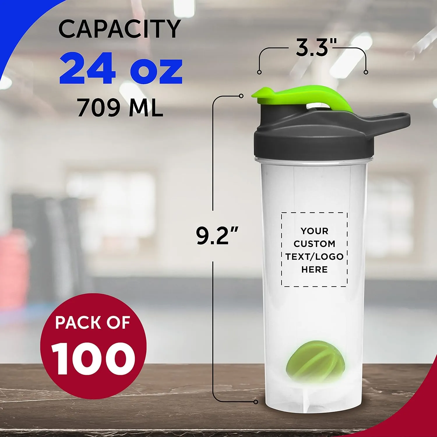 DISCOUNT PROMOS Custom Plastic Shaker Bottles with Mixer 24 oz. Set of 100, Personalized Bulk Pack - Perfect for Protein Shake, Smoothie and More! - Lime Green