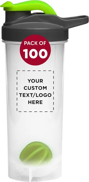 DISCOUNT PROMOS Custom Plastic Shaker Bottles with Mixer 24 oz. Set of 100, Personalized Bulk Pack - Perfect for Protein Shake, Smoothie and More! - Lime Green