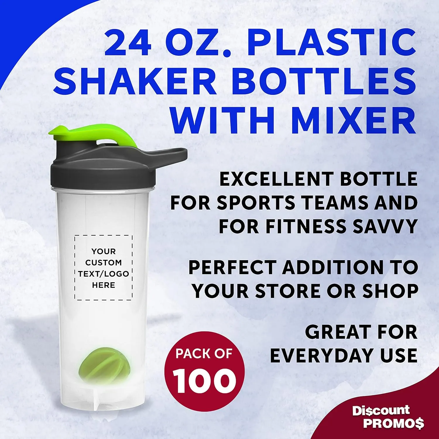DISCOUNT PROMOS Custom Plastic Shaker Bottles with Mixer 24 oz. Set of 100, Personalized Bulk Pack - Perfect for Protein Shake, Smoothie and More! - Lime Green