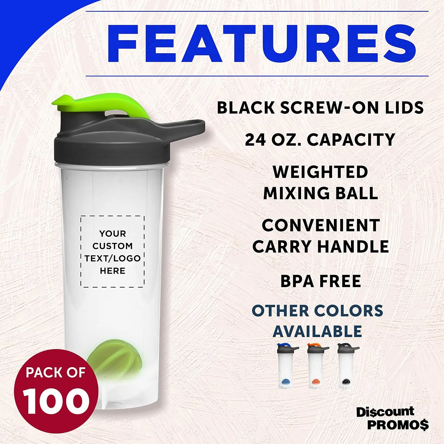 DISCOUNT PROMOS Custom Plastic Shaker Bottles with Mixer 24 oz. Set of 100, Personalized Bulk Pack - Perfect for Protein Shake, Smoothie and More! - Lime Green