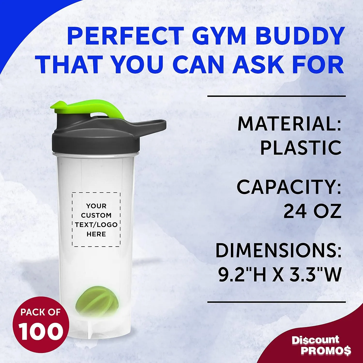 DISCOUNT PROMOS Custom Plastic Shaker Bottles with Mixer 24 oz. Set of 100, Personalized Bulk Pack - Perfect for Protein Shake, Smoothie and More! - Lime Green