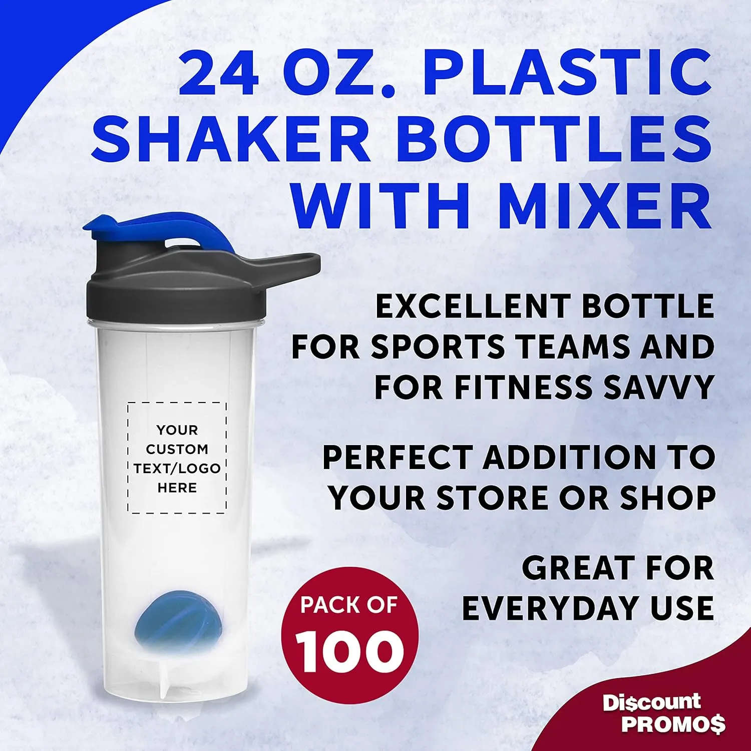 DISCOUNT PROMOS Custom Plastic Shaker Bottles with Mixer 24 oz. Set of 100, Personalized Bulk Pack - Perfect for Protein Shake, Smoothie and More! - Reflex Blue