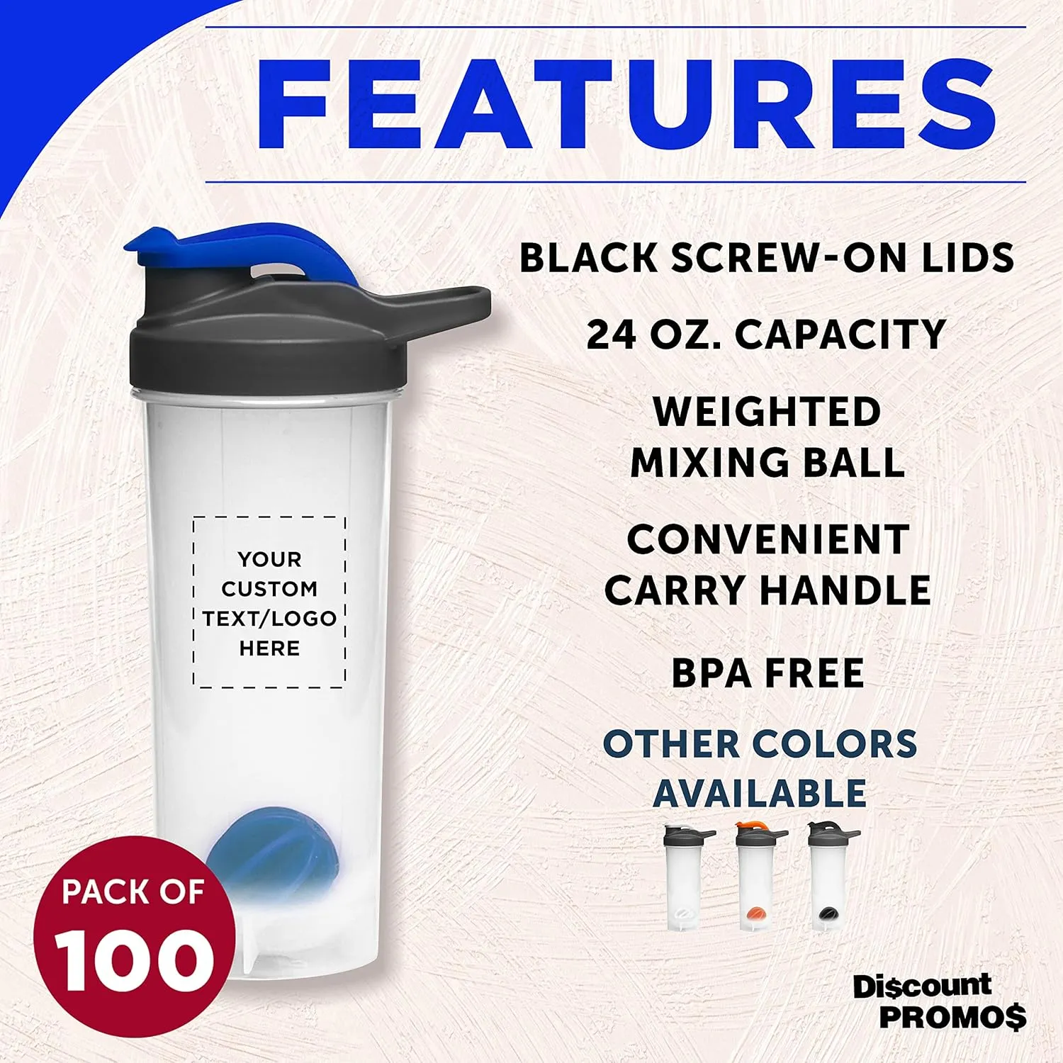 DISCOUNT PROMOS Custom Plastic Shaker Bottles with Mixer 24 oz. Set of 100, Personalized Bulk Pack - Perfect for Protein Shake, Smoothie and More! - Reflex Blue