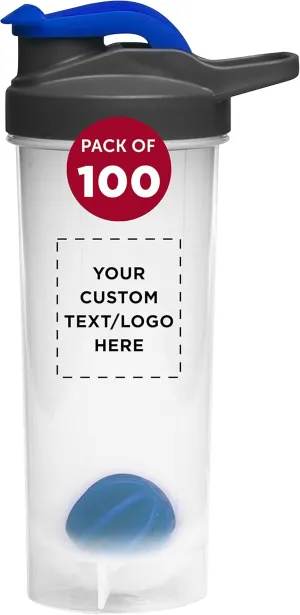 DISCOUNT PROMOS Custom Plastic Shaker Bottles with Mixer 24 oz. Set of 100, Personalized Bulk Pack - Perfect for Protein Shake, Smoothie and More! - Reflex Blue