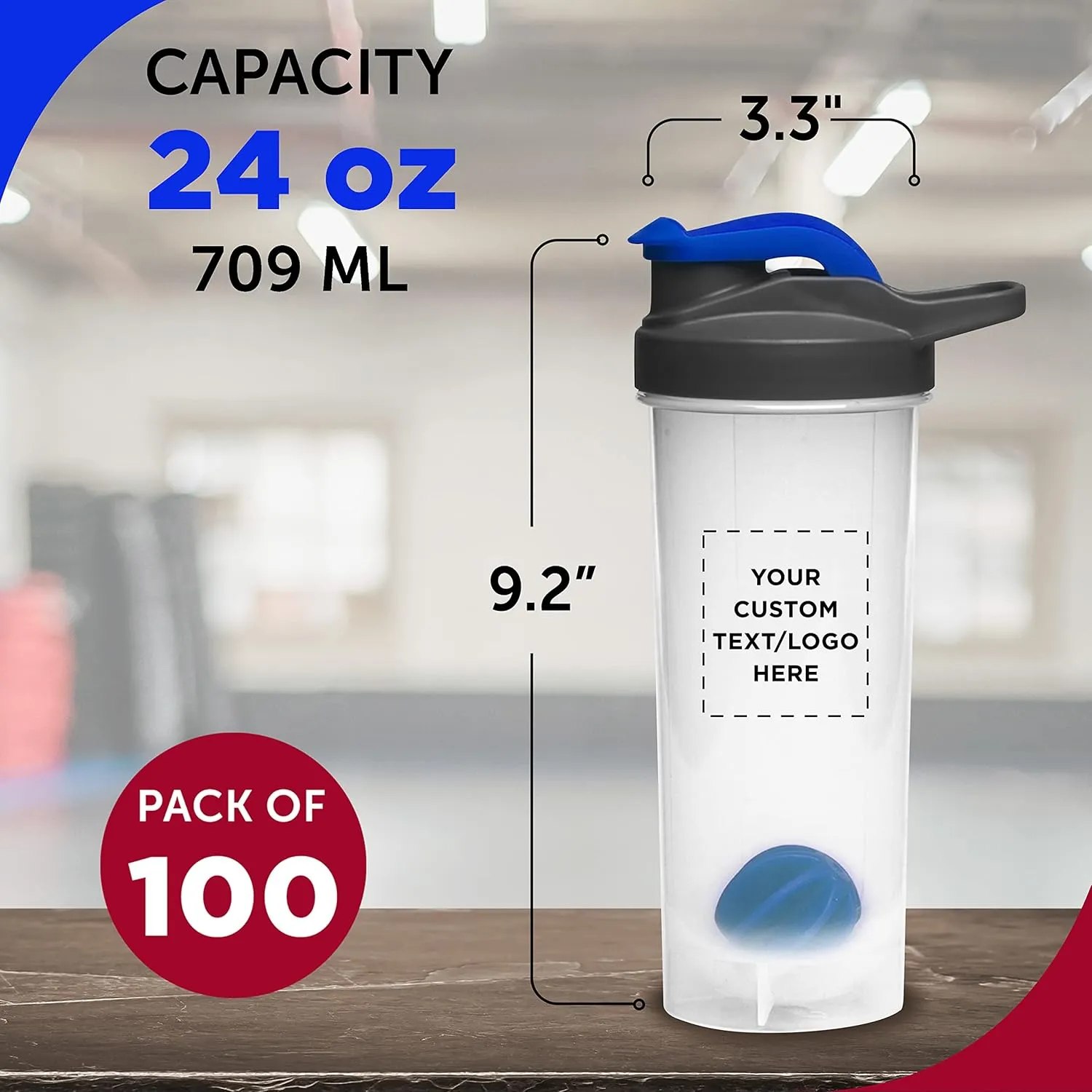 DISCOUNT PROMOS Custom Plastic Shaker Bottles with Mixer 24 oz. Set of 100, Personalized Bulk Pack - Perfect for Protein Shake, Smoothie and More! - Reflex Blue