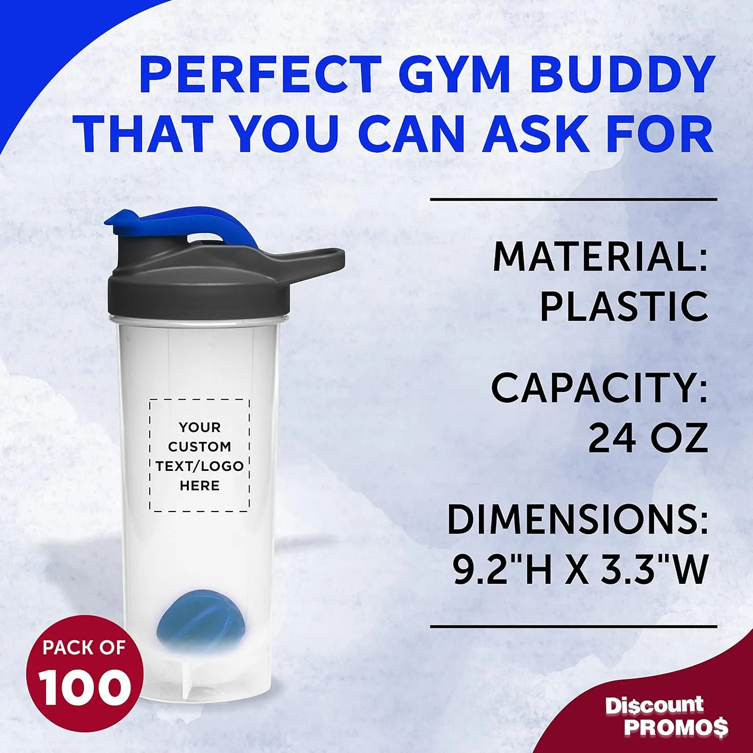 DISCOUNT PROMOS Custom Plastic Shaker Bottles with Mixer 24 oz. Set of 100, Personalized Bulk Pack - Perfect for Protein Shake, Smoothie and More! - Reflex Blue
