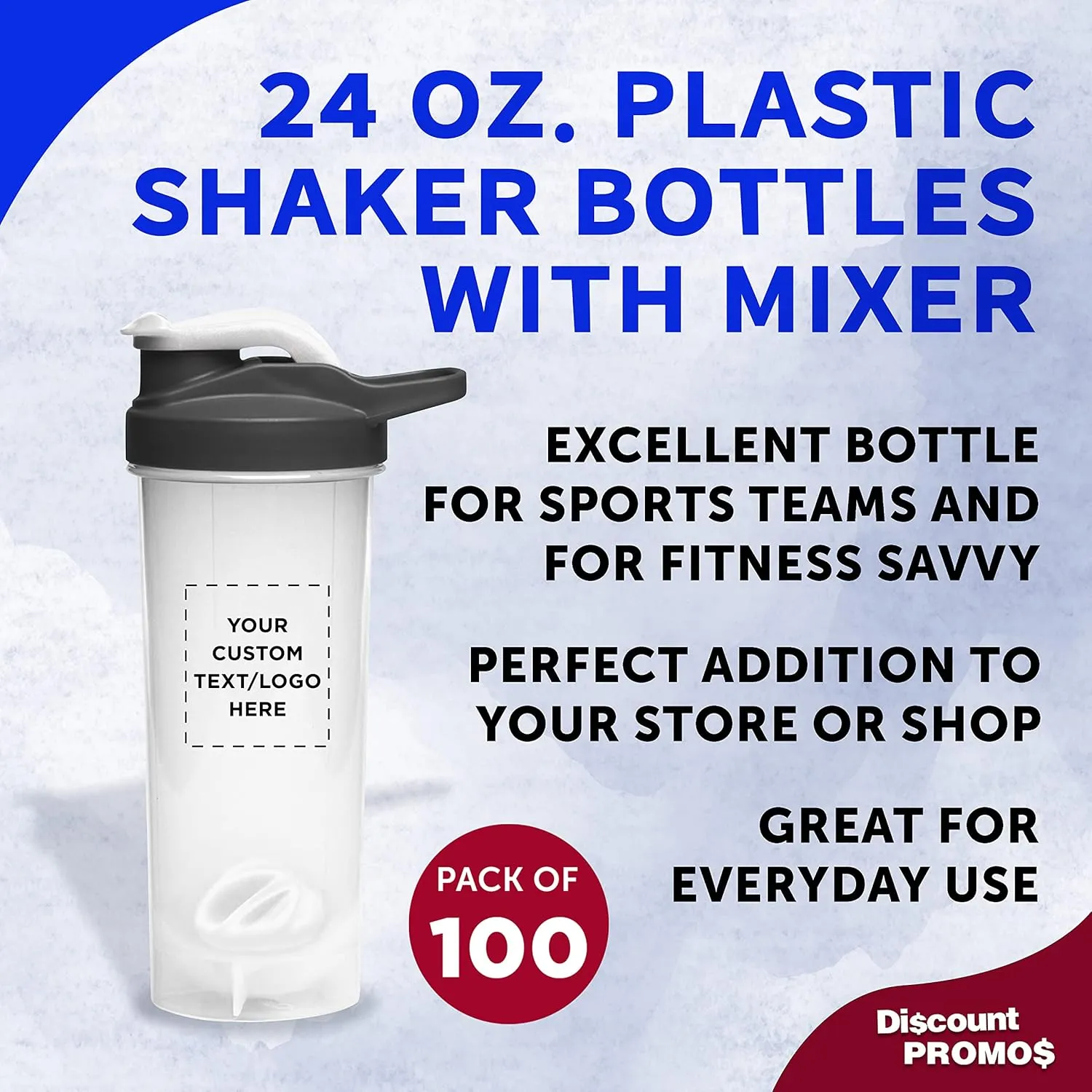 DISCOUNT PROMOS Custom Plastic Shaker Bottles with Mixer 24 oz. Set of 100, Personalized Bulk Pack - Perfect for Protein Shake, Smoothie and More! - White