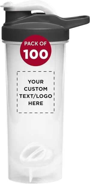 DISCOUNT PROMOS Custom Plastic Shaker Bottles with Mixer 24 oz. Set of 100, Personalized Bulk Pack - Perfect for Protein Shake, Smoothie and More! - White