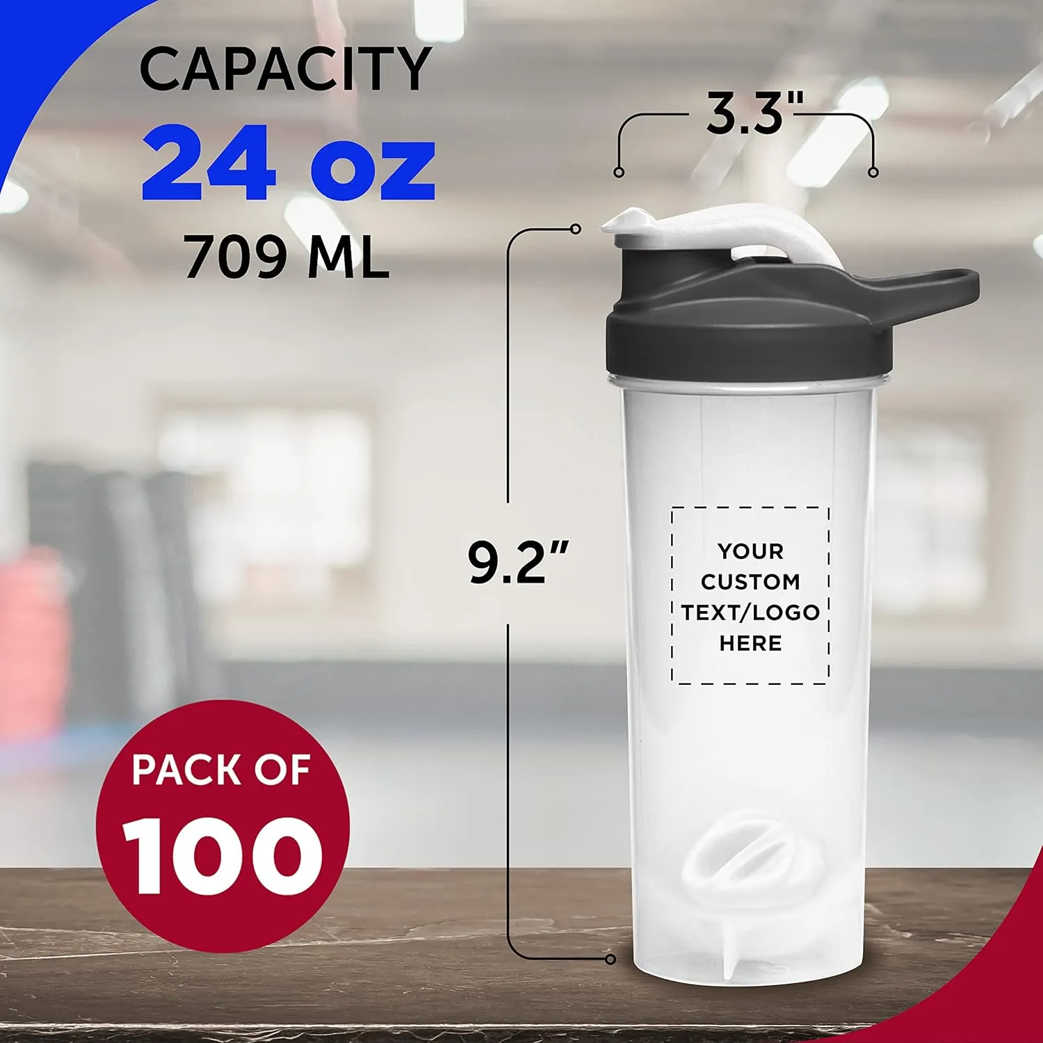DISCOUNT PROMOS Custom Plastic Shaker Bottles with Mixer 24 oz. Set of 100, Personalized Bulk Pack - Perfect for Protein Shake, Smoothie and More! - White