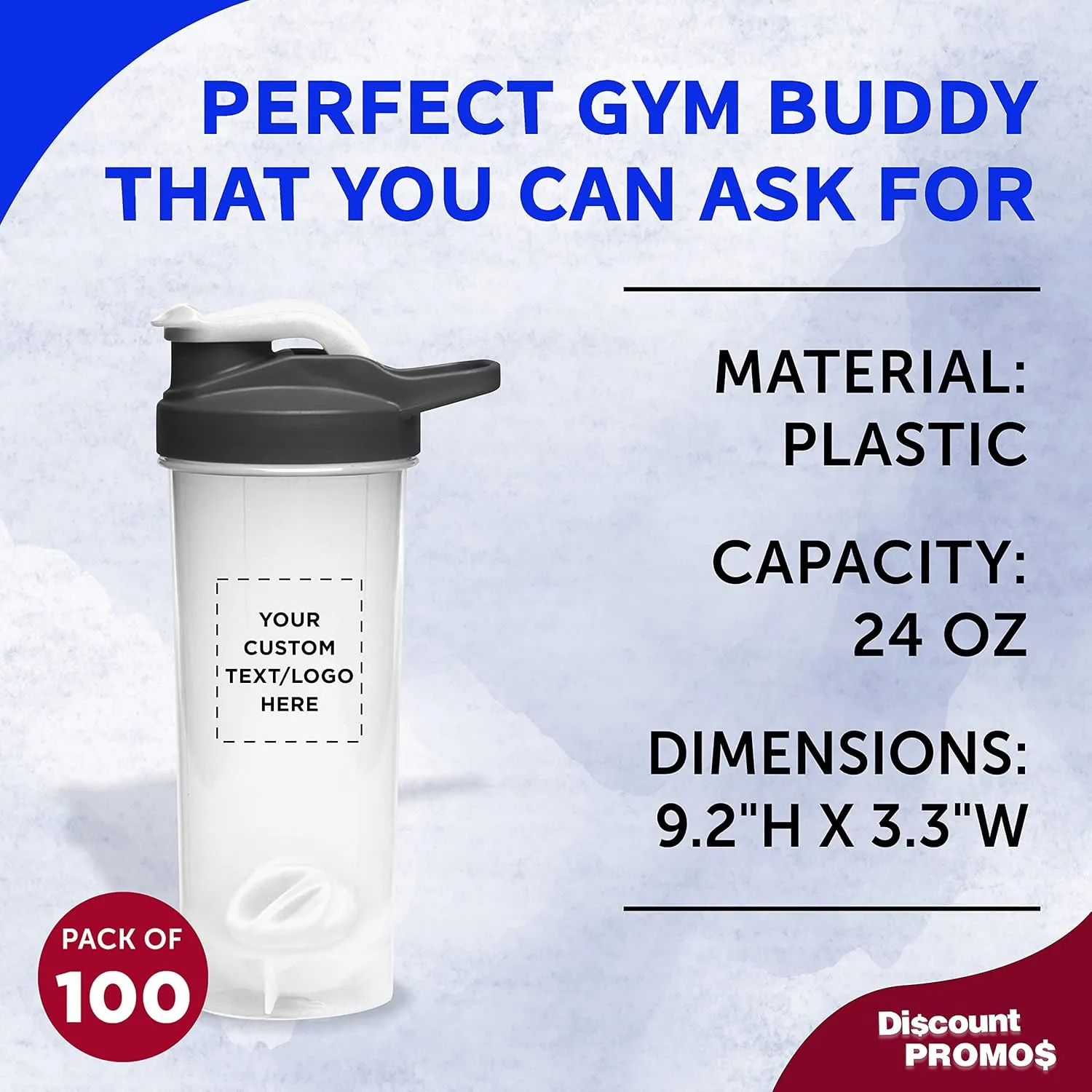 DISCOUNT PROMOS Custom Plastic Shaker Bottles with Mixer 24 oz. Set of 100, Personalized Bulk Pack - Perfect for Protein Shake, Smoothie and More! - White