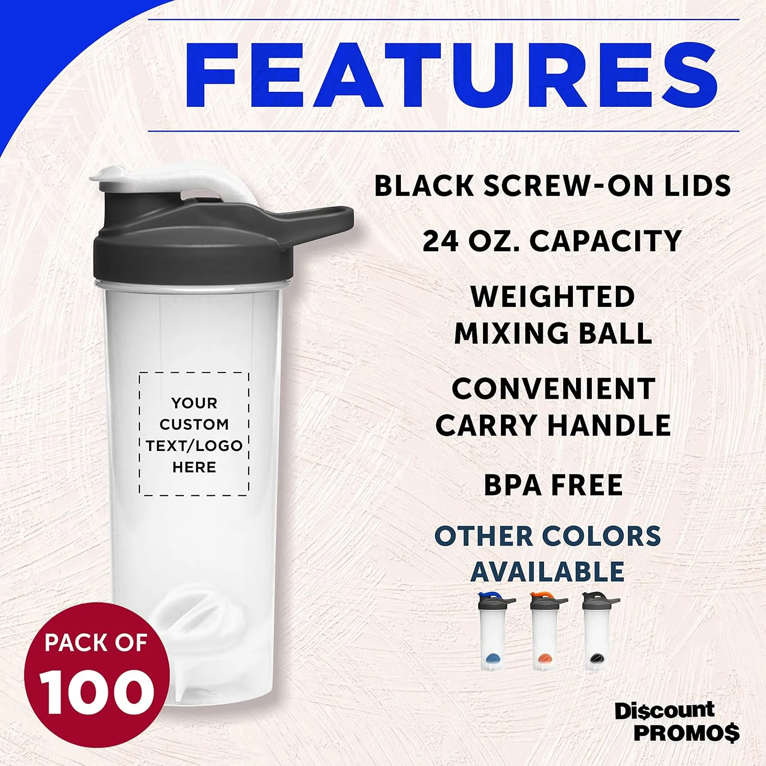 DISCOUNT PROMOS Custom Plastic Shaker Bottles with Mixer 24 oz. Set of 100, Personalized Bulk Pack - Perfect for Protein Shake, Smoothie and More! - White