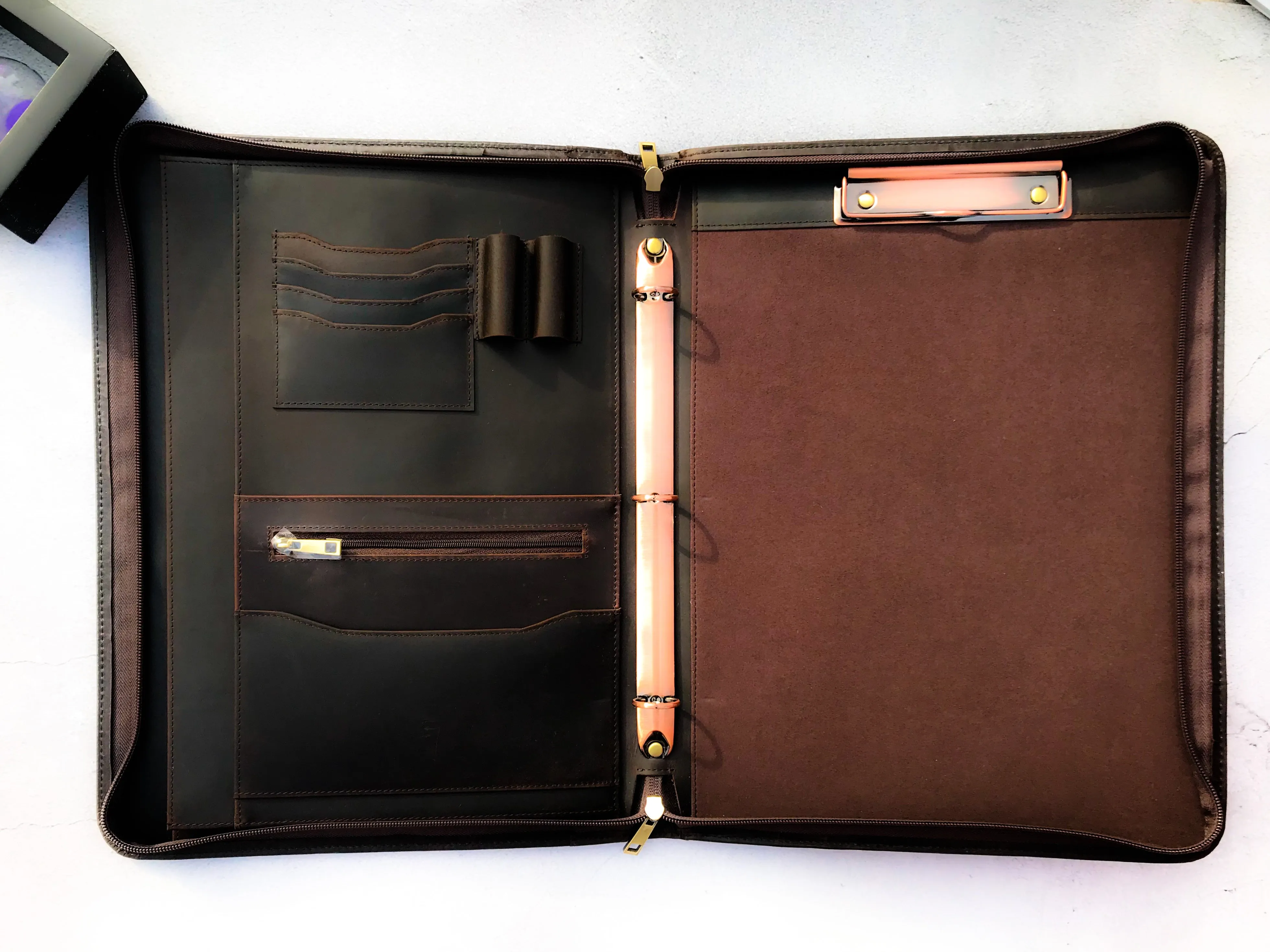 Distressed Vintage Leather 3 Ring Binder with Clipboard