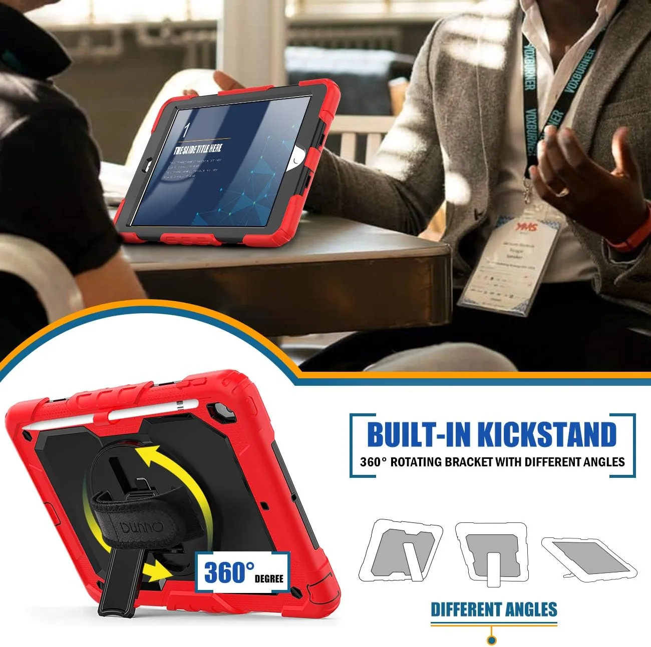 DUNNO for iPad 9th 8th 7th Generation Case(10.2 Inch, 2021/2020/2019), Shockproof iPad 10.2 Case with Screen Protector & 360° Rotating Kickstand & Shoulder Strap for iPad 10.2 Inch (Red/Black)