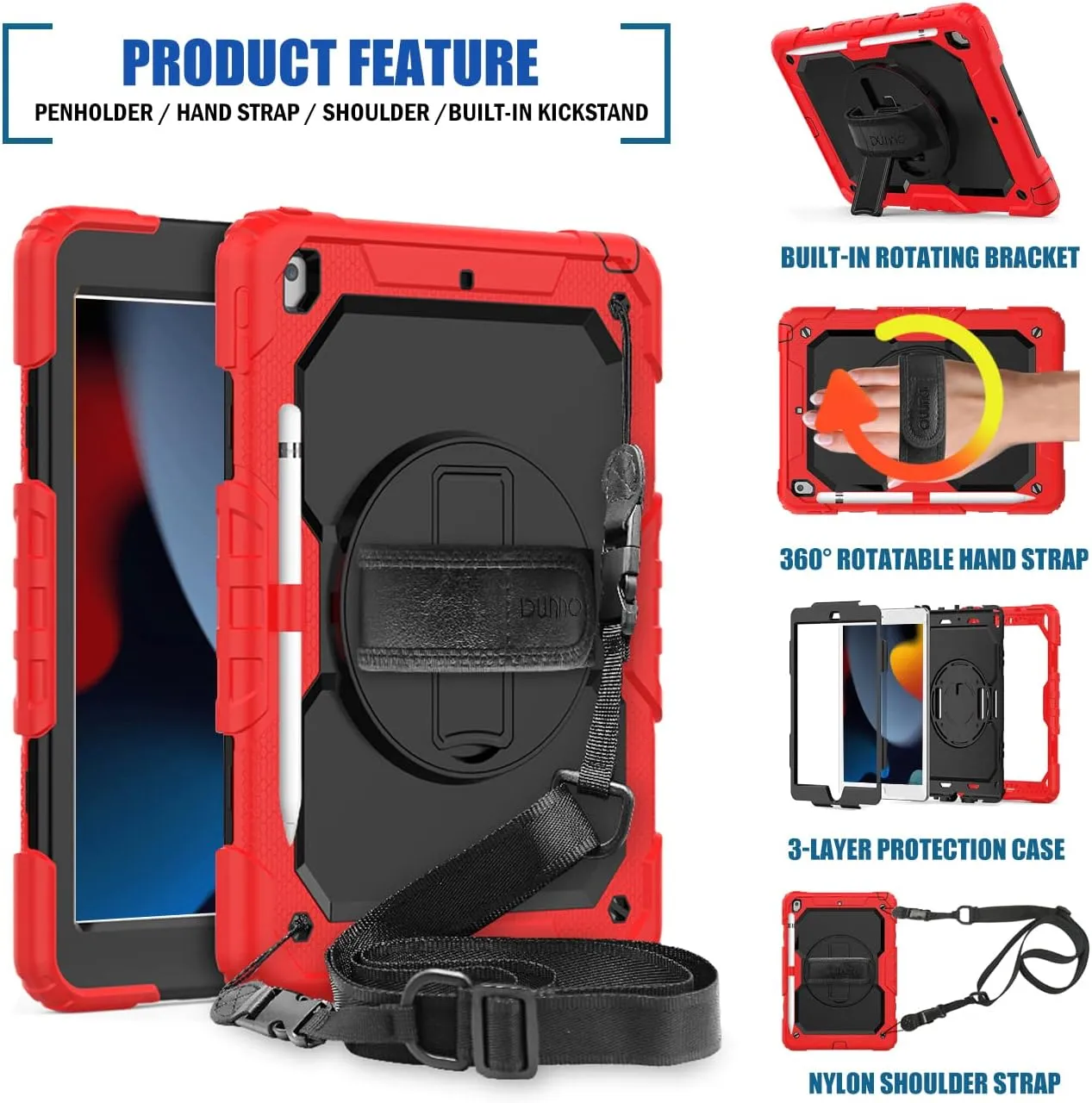 DUNNO for iPad 9th 8th 7th Generation Case(10.2 Inch, 2021/2020/2019), Shockproof iPad 10.2 Case with Screen Protector & 360° Rotating Kickstand & Shoulder Strap for iPad 10.2 Inch (Red/Black)