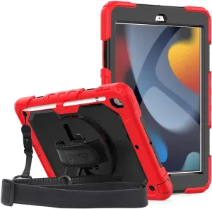 DUNNO for iPad 9th 8th 7th Generation Case(10.2 Inch, 2021/2020/2019), Shockproof iPad 10.2 Case with Screen Protector & 360° Rotating Kickstand & Shoulder Strap for iPad 10.2 Inch (Red/Black)