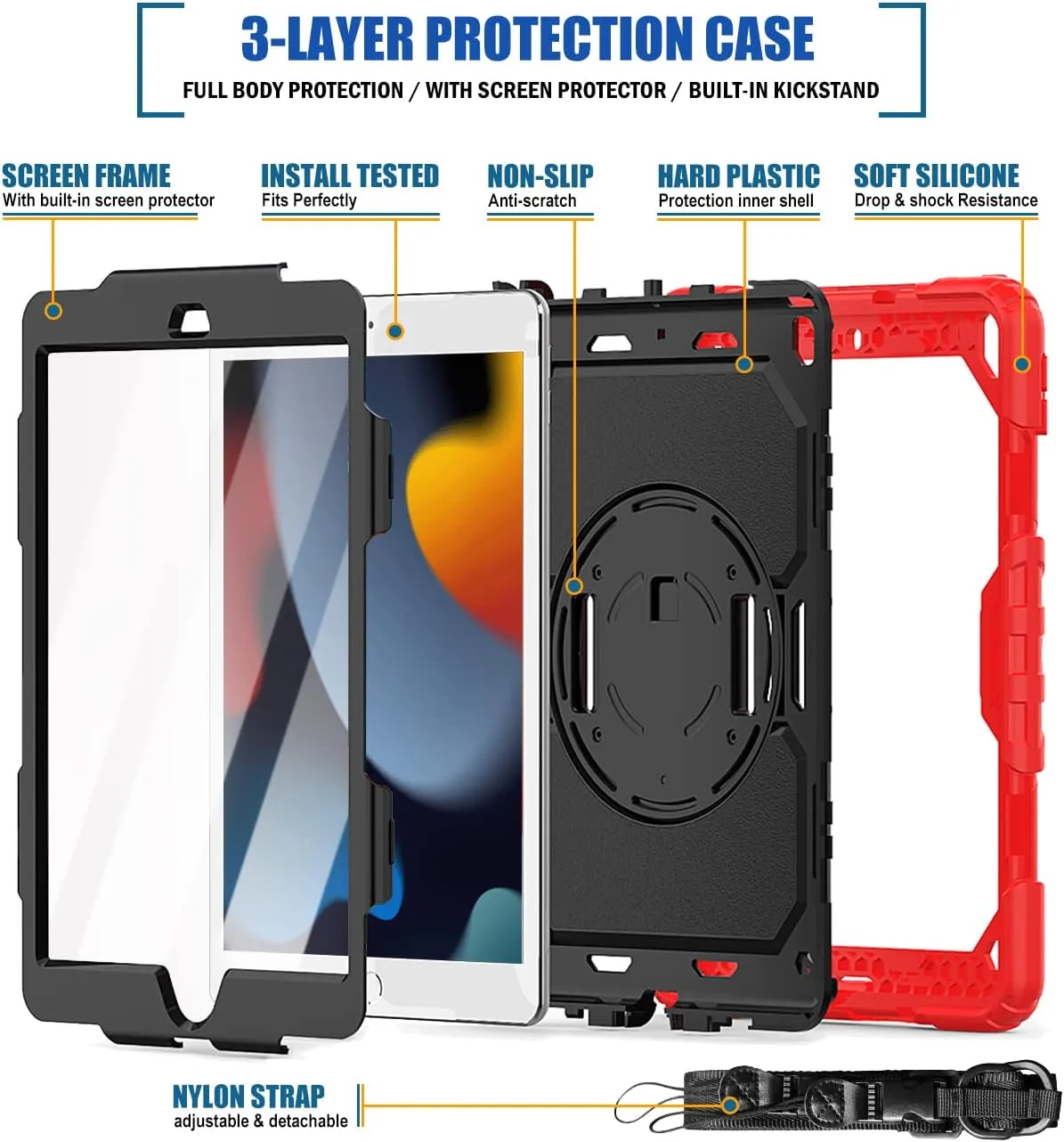 DUNNO for iPad 9th 8th 7th Generation Case(10.2 Inch, 2021/2020/2019), Shockproof iPad 10.2 Case with Screen Protector & 360° Rotating Kickstand & Shoulder Strap for iPad 10.2 Inch (Red/Black)