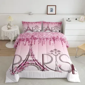 Eiffel Tower Comforter Set King Size,Pink Shimmer Floral Dreamy Down Comforter for Girls Boys Adults Couple Bedroom Decor,Famous Paris Architecture Bedding Set,Romantic Duvet Insert,2 Pillowcases