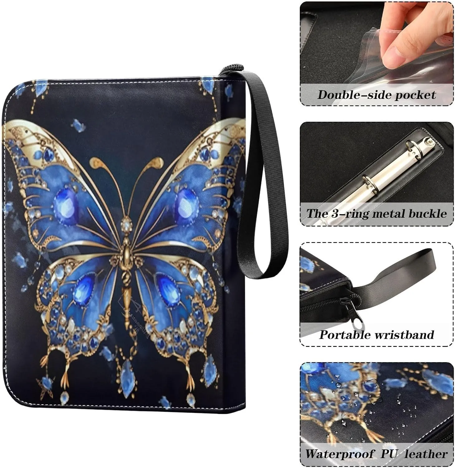 Elegant Butterfly Card Binder 4 Pocket Trading Card Album Fits 400 Sports/Game Cards, PU Cover 3 Ring Card Collection with 50 Removable Sleeves