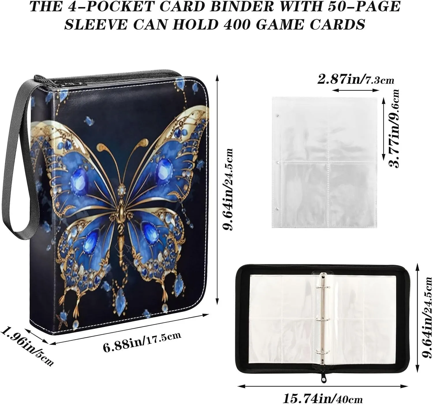 Elegant Butterfly Card Binder 4 Pocket Trading Card Album Fits 400 Sports/Game Cards, PU Cover 3 Ring Card Collection with 50 Removable Sleeves