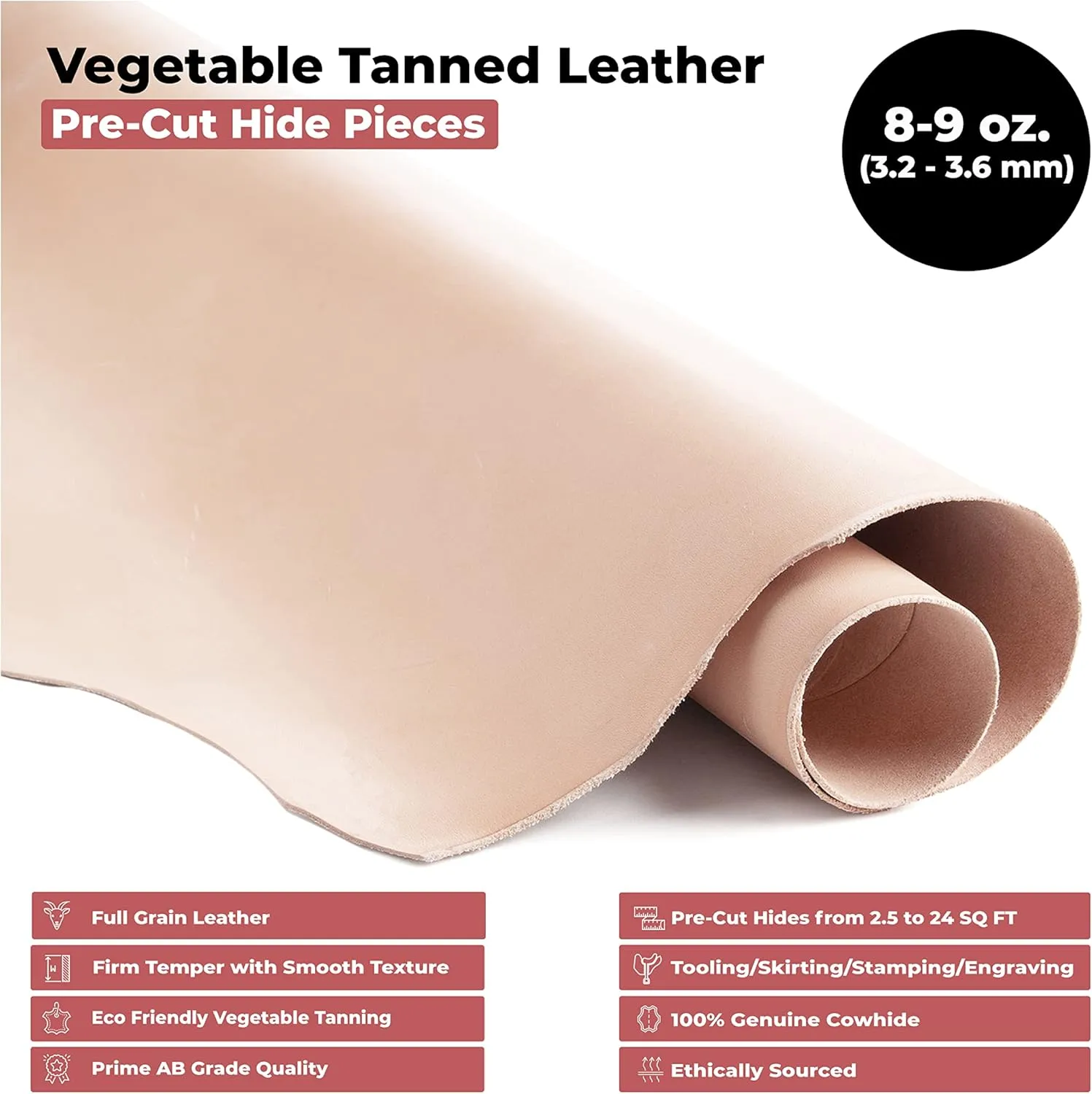 ELW Vegetable Tanned Leather 8-9 Oz. (3.2-3.6mm) Thickness | Pre-Cut 12"x24" | Tooling Leather Cowhide - Full Grain Leather Good for Crafting, Saddlery, Home Decor, Holsters, Knife Sheaths, Stamping