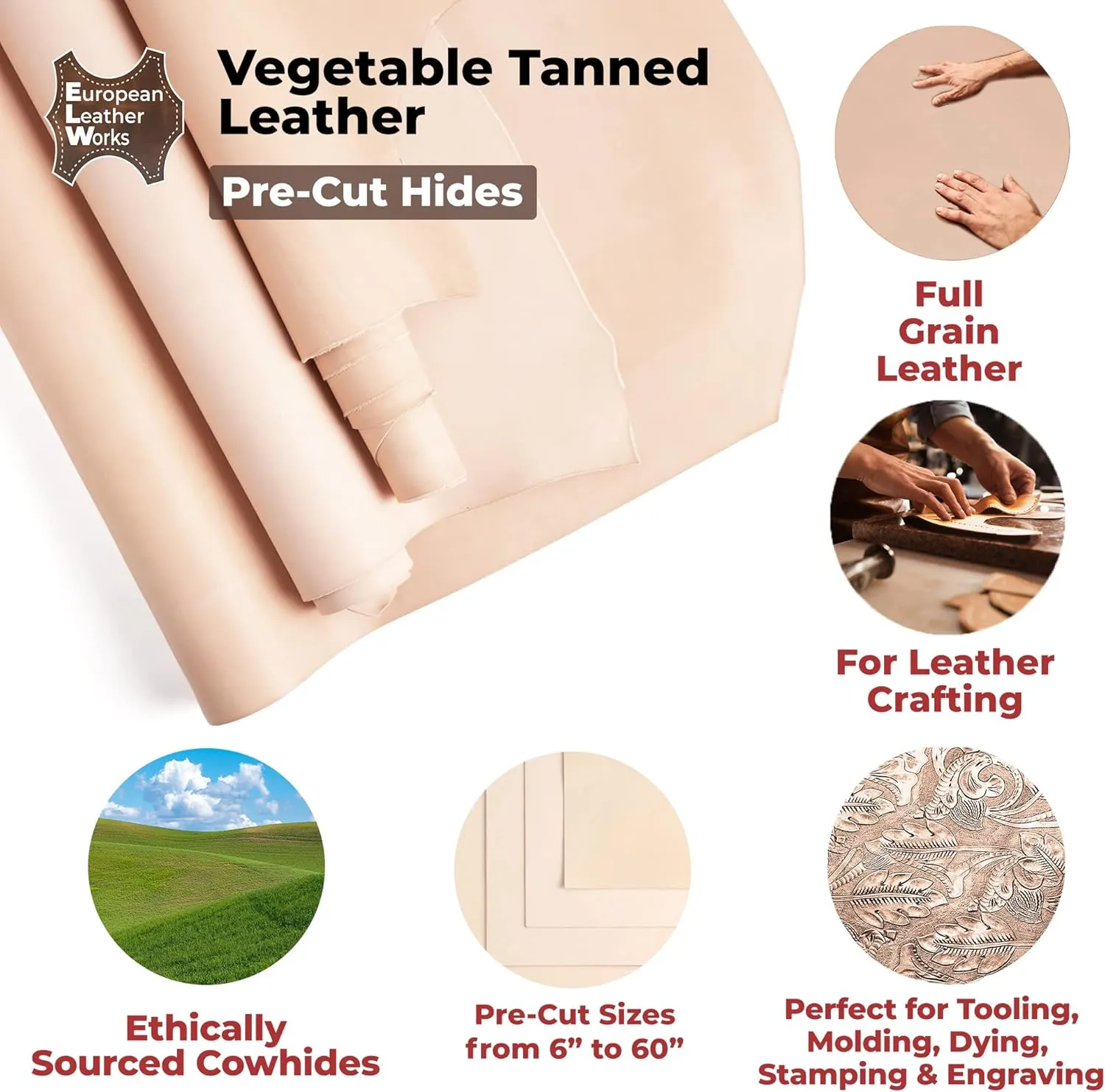 ELW Vegetable Tanned Leather 8-9 Oz. (3.2-3.6mm) Thickness | Pre-Cut 12"x24" | Tooling Leather Cowhide - Full Grain Leather Good for Crafting, Saddlery, Home Decor, Holsters, Knife Sheaths, Stamping